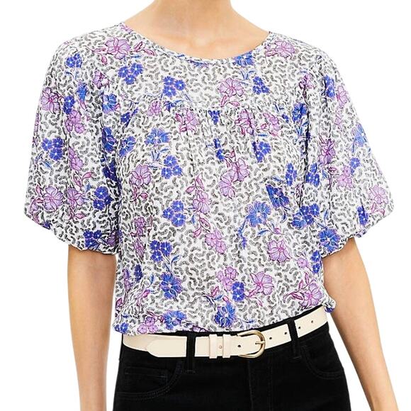 Loft Floral Shirred Yoke Short Puff Sleeve Shirt Size XL - Picture 1 of 15